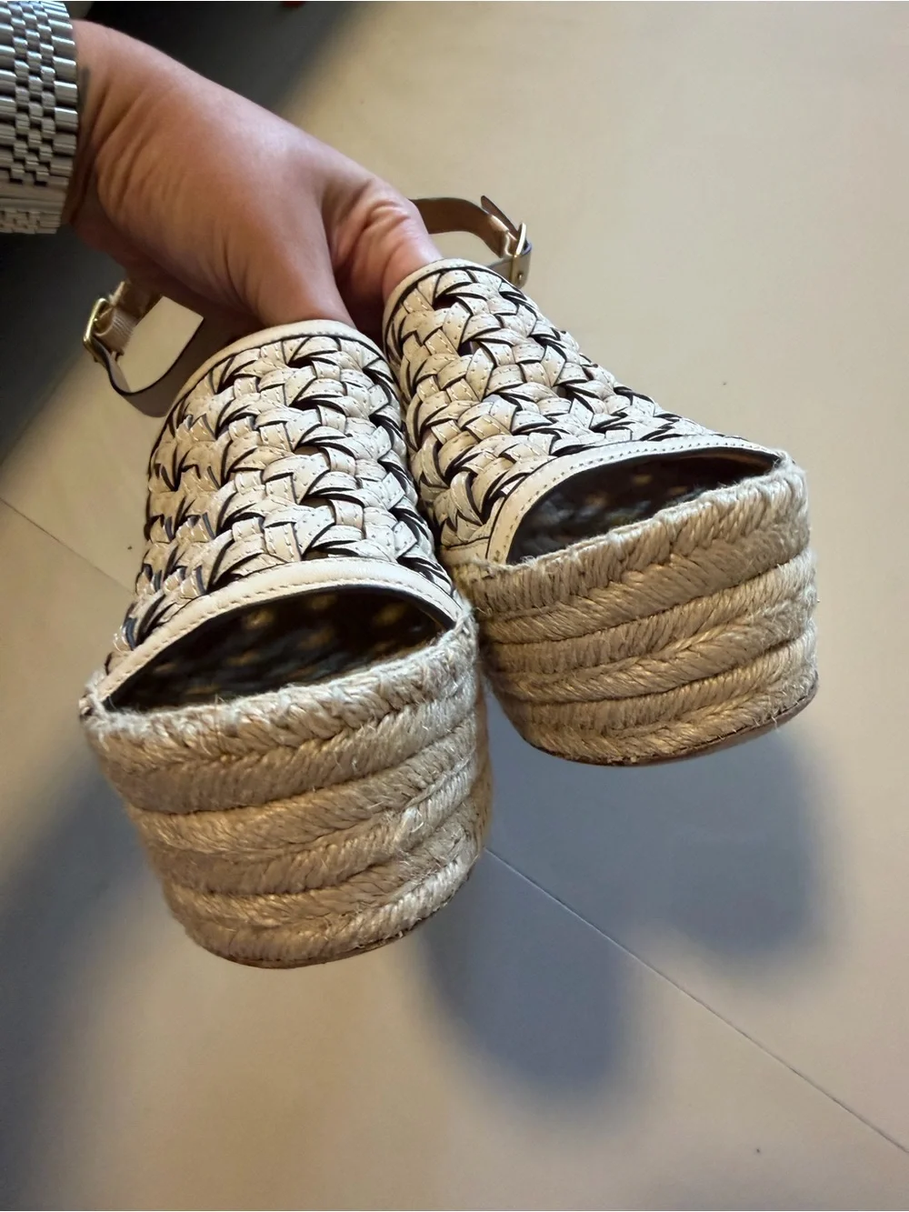 Tory Burch Cream Woven Espadrille Platform Wedge Sandals